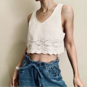 House of Harlow Cream Crochet Knit V-Neck Crop Tank Top bohemian chic size L